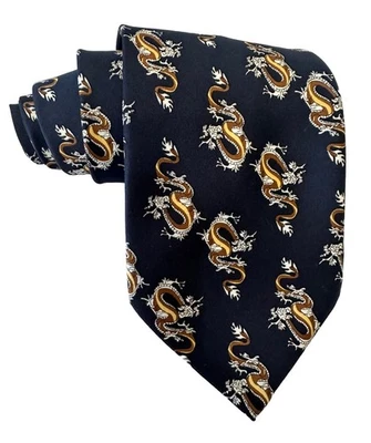 VTG Giorgio Armani Cravatte Navy Blue Silk Long Gold Dragon Print Made In Italy - Image 1 of 4