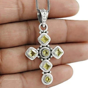 Natural Citrino 925 Plateado Bisel Cruz Madre Sisters Día Colgante Único Joyería - Imagen 1 de 5
