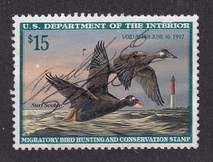 MATT'S STAMPS US SCOTT #RW63 SURF SCOTER $15 DUCK STAMP 1996 ISSUE, USED CV$12 - Picture 1 of 3