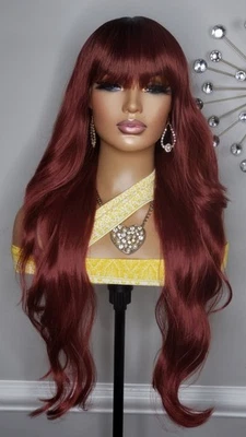 Nuevo Peluca Larga Ondulada Estilo Borgoña Rojo Cabello Gorra Completa Mujer Moda Pelucas de Cabello  Foto 1 de 4