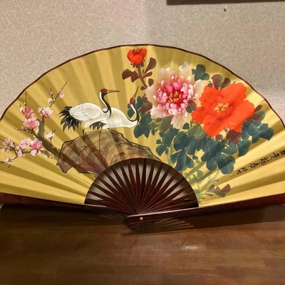 Ventilador plegable decorativo grande japonés 50 cm grúa y peonía obra de arte 富貴福寿 diseño Foto 1 de 4