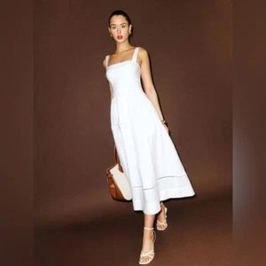 NUOVO abito midi in lino Reformation Everett bianco | US 4 UK 8 - Foto 1 di 16