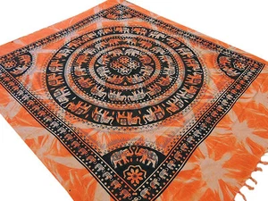Orange Ethnic Bed Linens Indian Bedspread Block Printed Elephant Mandala ~ Full - Picture 1 of 3