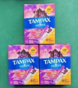 Lot 3 Tampax Radiant Regular Unscented 14 Count Tampons Cleanser Wrapper