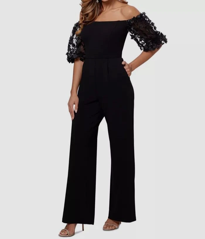 Xscape Womens Black Floral Applique Sleeve Jumpsuit Petite Size 10P