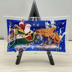 RARE Peggy Karr FUSED ART GLASS Sleigh Santa CHRISTMAS 10" TRAY Cookie Plate - Picture 1 of 16
