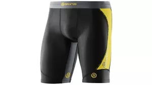 GREAT SAVINGS || SKINS DNAMIC MENS COMPRESSION HALF TIGHTS - BLACK / CITRON - Picture 1 of 2