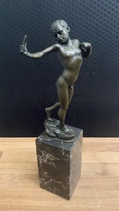 Bronze Figure Young 33cm Stone Slingshot Sculpture Boy Figure Antique Style Bronze - Picture 1 of 7