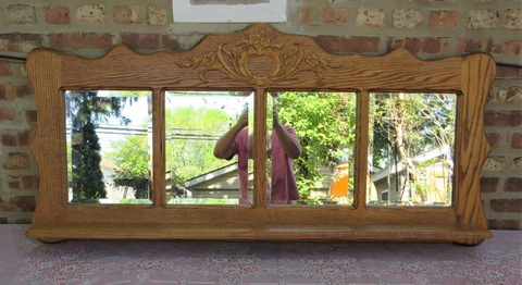 Solid Oak Wood 4 Panel Beveled Glass Mantle Wall Mirror 55" Long "PICK UP ONLY!" Cover