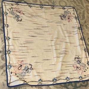 Vtg Linen Embrodiary Small Tablecloth or Towel 26x27 Dancing Couple Pink Blue - Picture 1 of 8