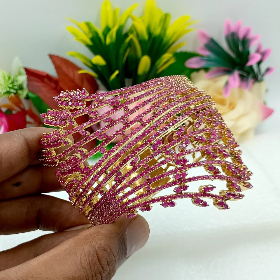 Luxurious Ruby Bangle Bracelet | Gold-Plated Bridal Cuff | Statement Jewelry for - Image 1 of 4