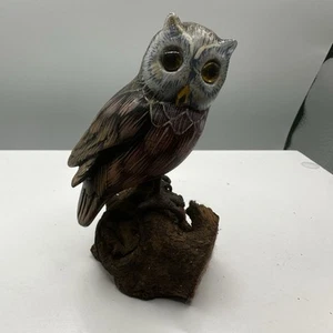 Wood Owl Figurine Vtg Hand carved painted 3" tall brown black Blue Very Detailed - Picture 1 of 6