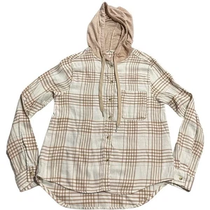 C&C California Button Down Hooded Flannel Shirt Womens Sz Medium Tan 89B02025T - Picture 1 of 8