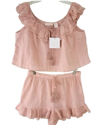 Shabby Chic 睡衣套装短裤无袖粉色棉质孔眼荷叶边 M 码 — 第 1/4 张图片