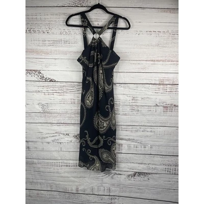 Vestido Evan Picone Para Mujer 12 Negro Beige Cachemira Halter Espalda Cruzada Midi Boho Foto 1 de 4