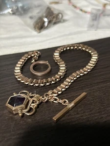 Victorian Rose Gold Fill Purple Watch Fob Spinner Book Link Chain Large Ring - Picture 1 of 19
