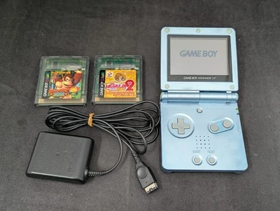L4292 Nintendo Gameboy Advance SP console Pearl Blue Japan GBA w/game adapter - Image 1 of 4