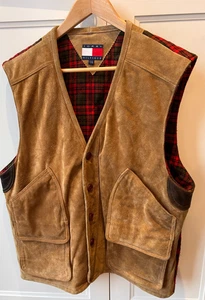 Vintage Tommy Hilfiger Tan Suede Vest, Red Plaid back Lining, Mens, LARGE - Picture 1 of 10