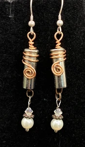 Vintage artisan copper wrapped bullet casing, faux pearl dangle earrings - Picture 1 of 4