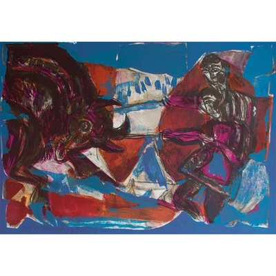 Eberhardt Dänzer Stierkampf Farblithographie Probedruck 1972 signiert blau - Bild 1 von 4