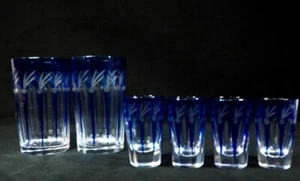 Vintage Japanese blue cut glasses, set of 6 circa 1980s - Picture 1 of 11