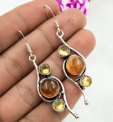 Baltic Amber, Citrine Gemstone Earrings Handmade 925 Sterling Silver Jewelry - Image 1 of 4