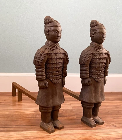 20th Century Asian Terra Cotta Warrior Iron Fireplace Andirons - a Pair Cover