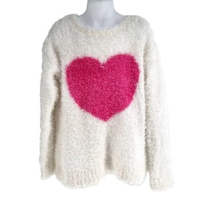 Piper Girl Fuzzy/Cozy White Puffy Warm Sweater Big Pink Heart/Love Size M (7-8) - Image 1 of 4