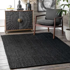 Rug Natural Jute Braided Black Reversible Rug Hemp Carpet Modern Living Area Rug - Picture 1 of 10