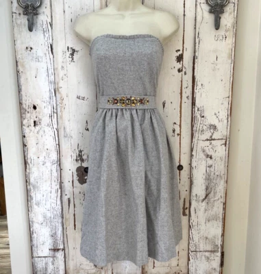 Vestido Banana Republic 12 Mujer Gris Lana Sin Tirantes Cuentas Cinturón Cóctel Fiesta Foto 1 de 4