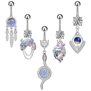 5Pcs Womens Surgical Steel CZ Opal Dangle Belly Button Rings Navel Barbells 14G - Picture 1 of 8