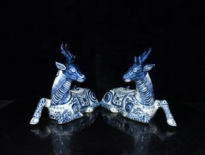 10.6"Old ming dynasty xuande mark blue white Porcelain pair deer Incense Burner - Picture 1 of 9