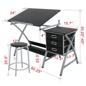 Drafting Craft Table Station MDF Top Drawing Desk Art Work Artist Drawer W/Stool - Picture 1 of 2