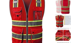 9 Pockets Hi-Vis Neon Red Zipper Front MESH Safety Vest with Medium 100-redt1 - Picture 1 of 5