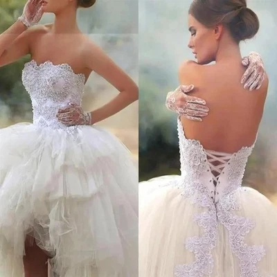 Short Front and Long Back Wedding Dresses Beads Lace Lace Up Back Applique Gowns - Image 1 of 4
