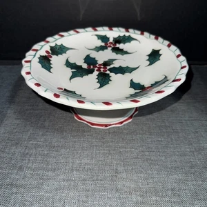 Vintage Lefton Holly Berry & Candy Cane Raised, Compote Dish 8” Diameter - Picture 1 of 4