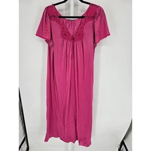 Miss Elaine Women's Pink Floral Lace V-Neck Short Sleeve Nylon Nightgown Size L - Picture 1 of 4