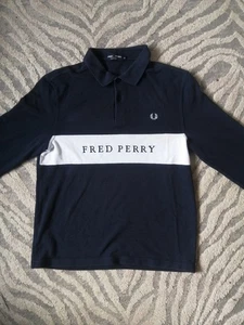 Fred Perry Rugby Polo Longsleeve Cotton Size Medium Navy White Panel Spellout - Picture 1 of 9