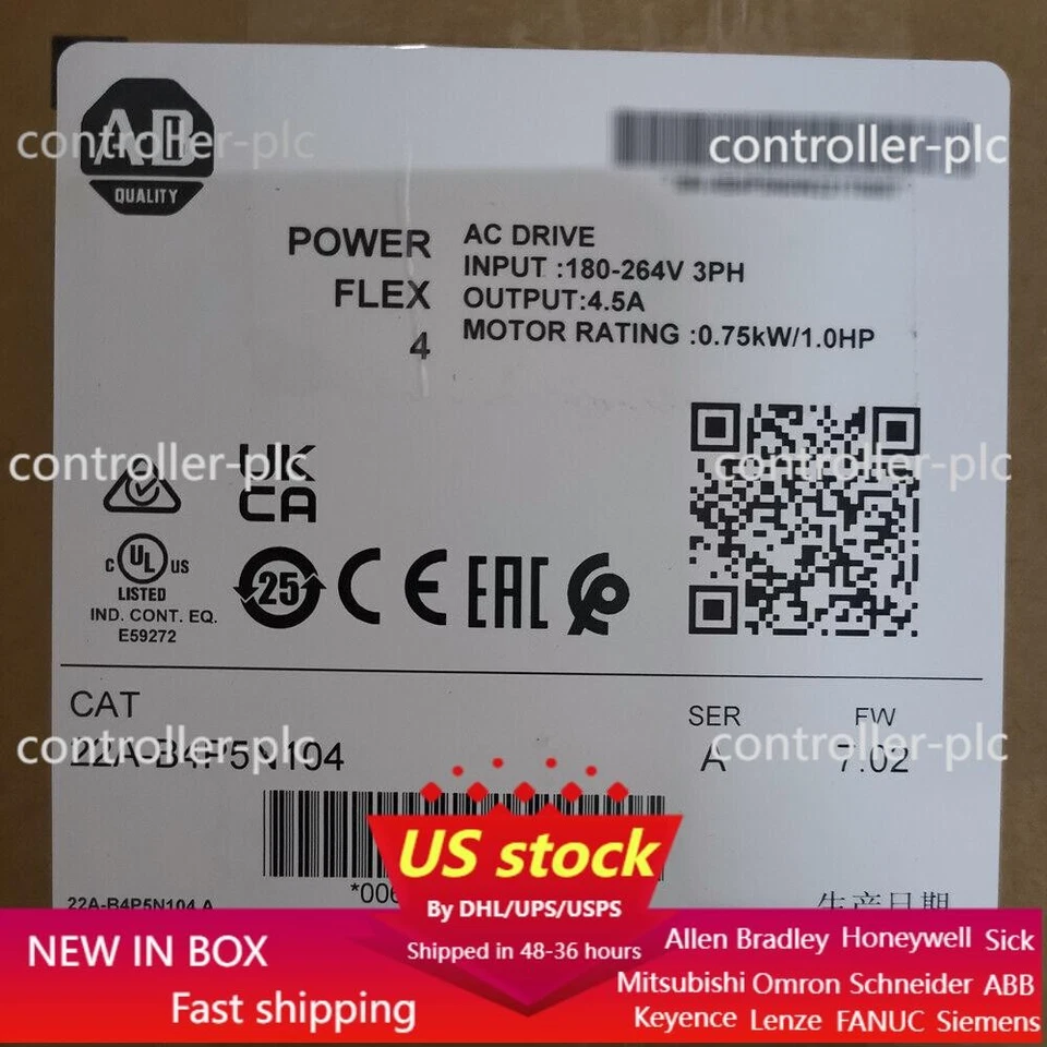 Allen-Bradley 22A-B4P5N104 Sealed PowerFlex 4 240V 3P 1HP AC Drive US Free Tax - Image 1 of 1