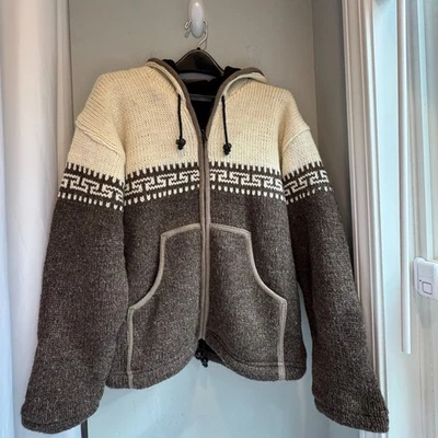 Himalayan Hand-Knit Wool Hooded Jacket – Brown & Cream – Made in Nepal (M) - Image 1 of 4