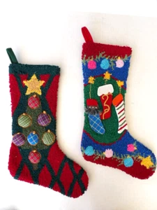 2 GREAT Christmas Stockings Thick Rag Rug Woven UNIQUE 18" - Picture 1 of 8