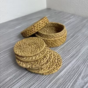 Vintage Round Woven Basket With Lid And Set Of 6 Woven Coasters - Picture 1 of 10