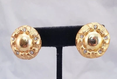 Crystal Rhinestone Gold Tone Metal Dome Button Style Clip On Vintage Earrings - Image 1 of 4