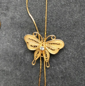 VTG Negligee Necklace Filigree Butterfly Golden Lariat Clear Rhinestone Chain - Picture 1 of 10