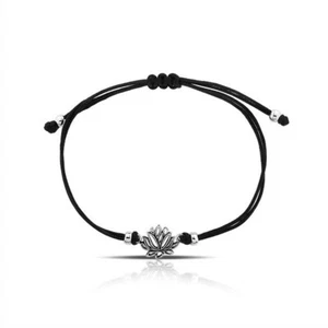 Sterling Silver Lotus Charm Cord Bracelet Adjustable yoga Bali Energy Meditate - Picture 1 of 1