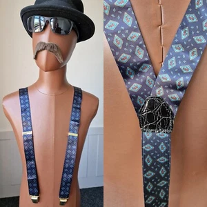 Vintage Y Fit BRACES Silky BluePattern Clip Fasten Suspenders Geek AZ12 - Bild 1 von 6