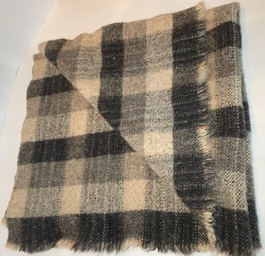Wool Blanket Tartan Plaid Fringe Black Tan Stadium 48x40 - Picture 1 of 6