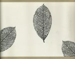 MODERN BLACK LEAVES ON OFF WHITE AND TAN TRIM WALLPAPER BORDER 2 PACK= 30FT - Picture 1 of 1
