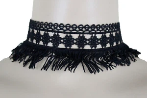 Sexy Women Black Fringes Tassel Fabric Fashion Jewelry Choker Necklace Wide Band - Picture 1 of 10