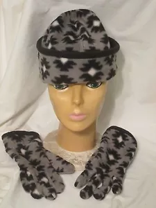 Neu Damen Polyester Plüsch Handschuh Hut Set grau schwarz Blumen Stretch Gr. 8-18 - Bild 1 von 4